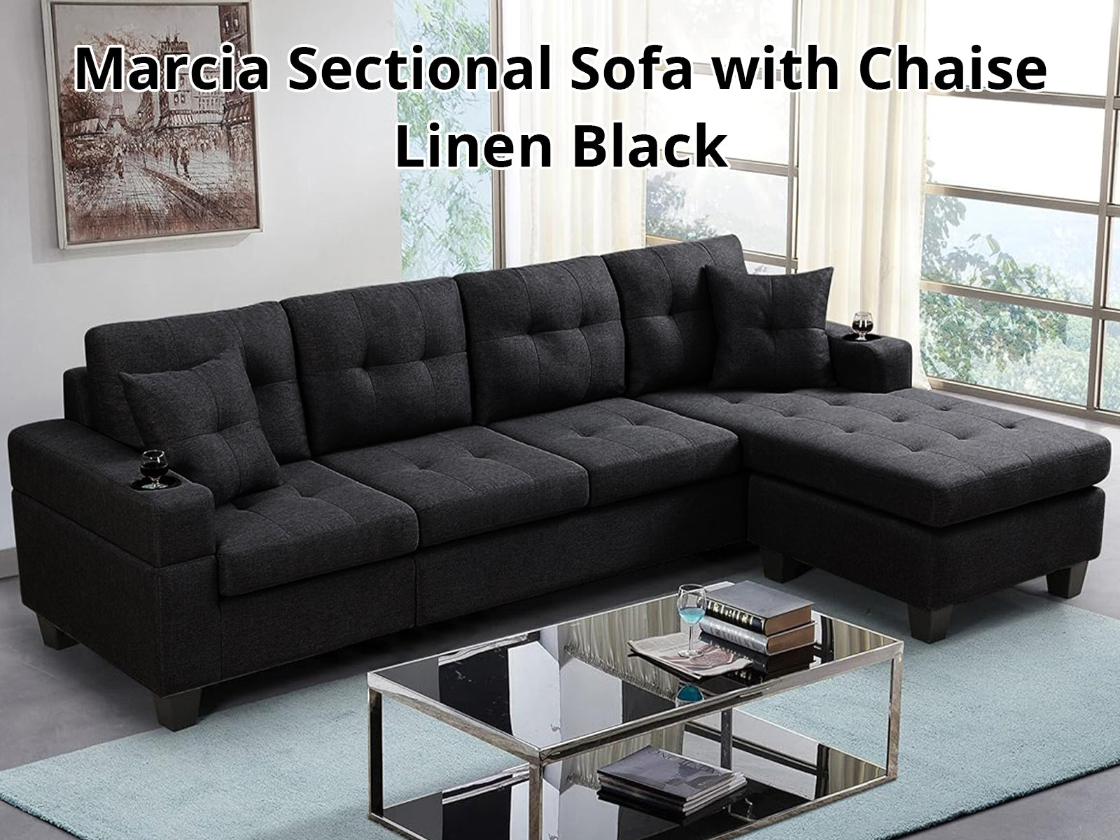 DS Marcia Sectional Sofa with Left Chaise Linen Black